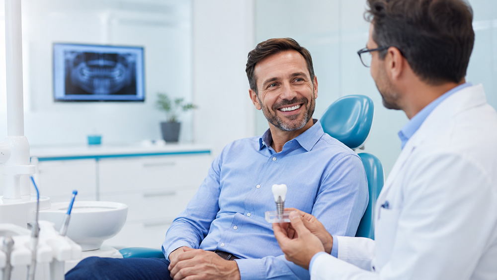 A patient speaking with a dentist about dental implant treatment options